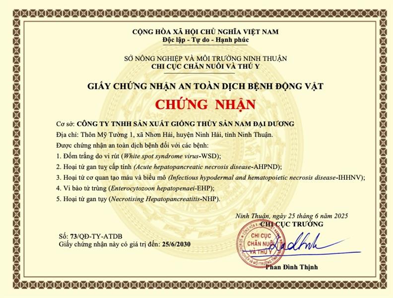Công Ty Sản Xuất Tôm Giống Nam Đại Dương đạt chứng nhận cơ sở an toàn dịch bệnh động vật thủy sản
